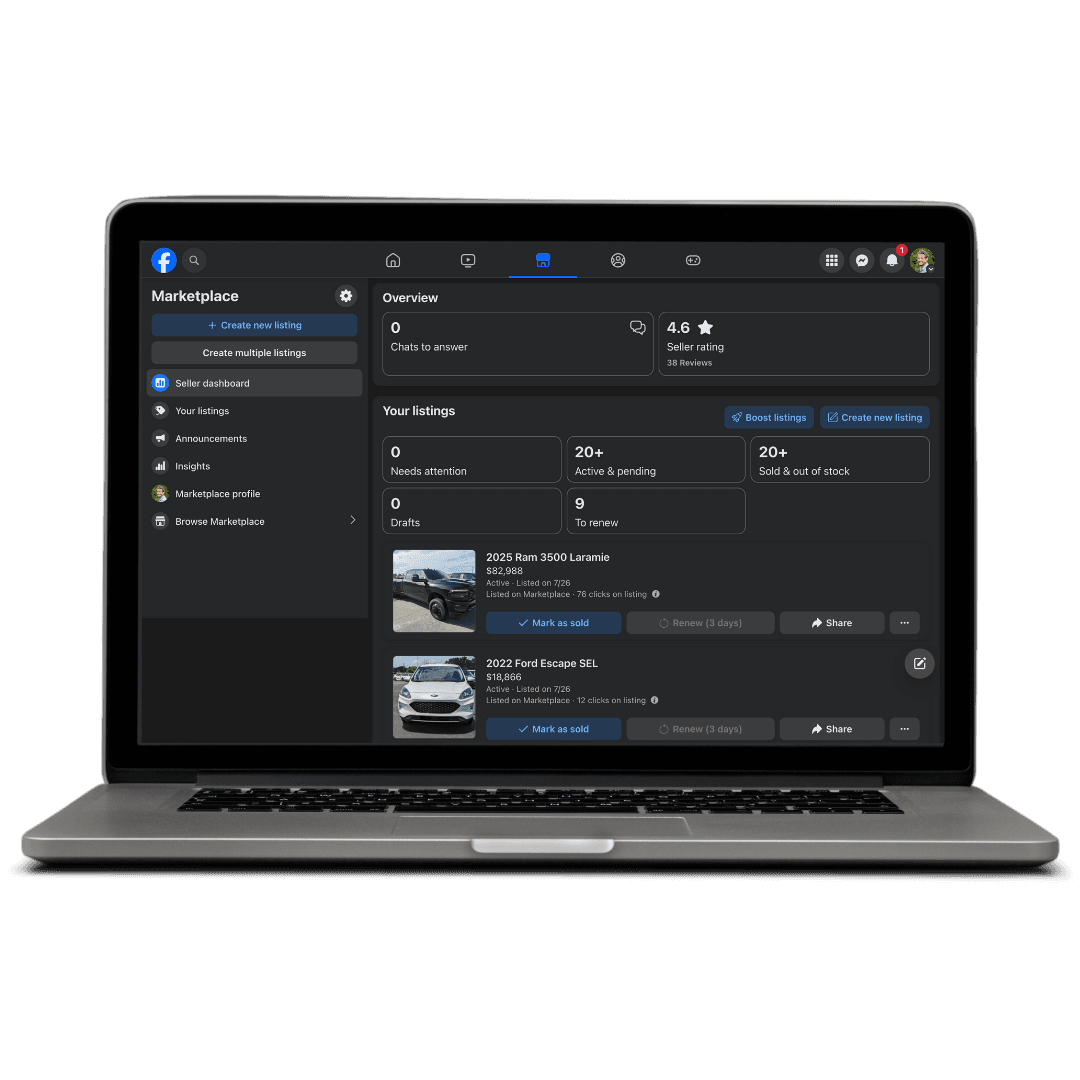 Market Drive Auto seller dashboard on a laptop